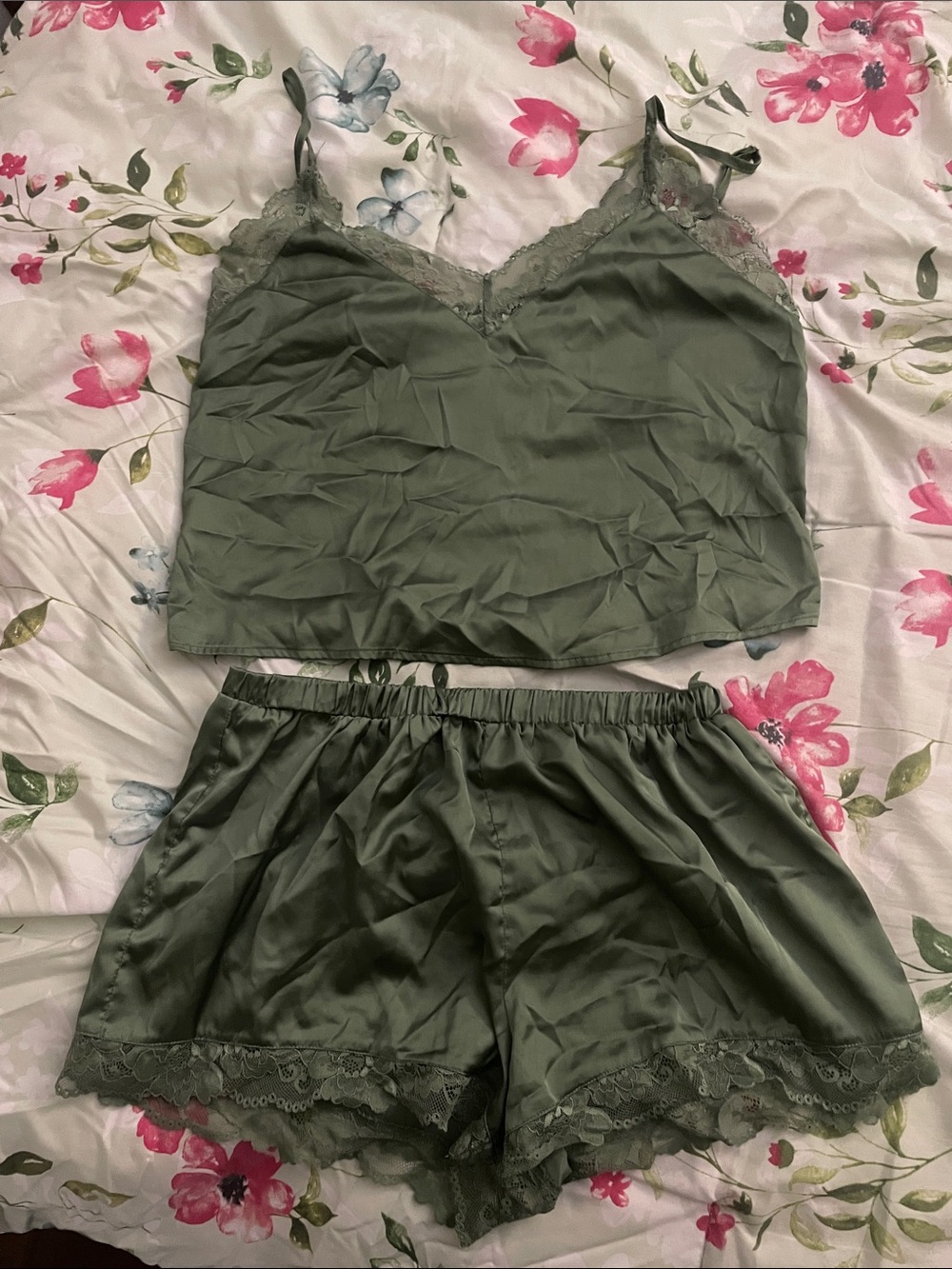 Forever 21 Olive Green Satin Lace-Trim Cami & Shorts Set - Picture 1 of 1